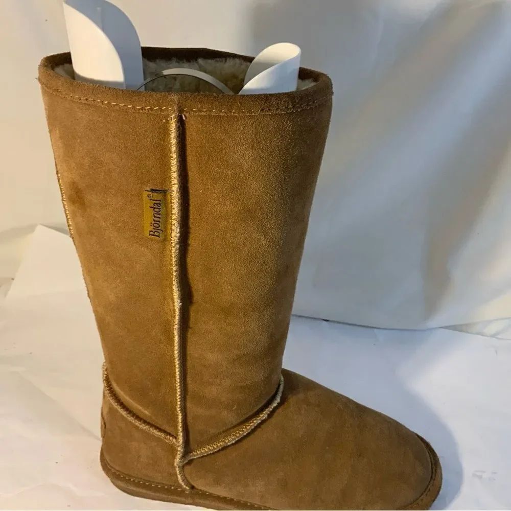 Bjorndal Women Size 8 Mid Calf Boots Sheepskin Lined Leather Tan Fall Winter